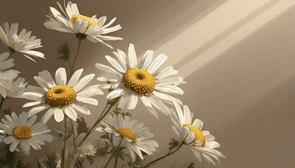 Elegant aesthetic chamomile daisy flowers pattern with sunlight shadows on neutral beige background with copy space