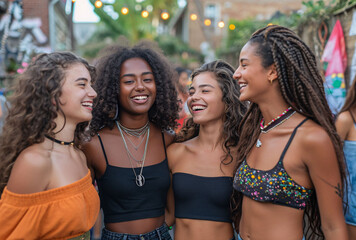 Obraz premium Group of young teenage girls of diverse ethnicity, wearing summer clothes, having fun on the street. Friends on the street chatting. Vacation, friendship and fun concept.