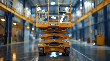 Robust Hydraulic Scissor Lift Providing Elevated Access in Industrial Workspace - obrazy, fototapety, plakaty