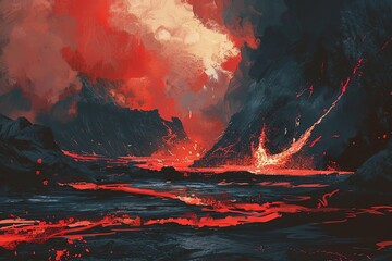 A volcanic eruption in EmotionScape style, with red and black emotive landscapes