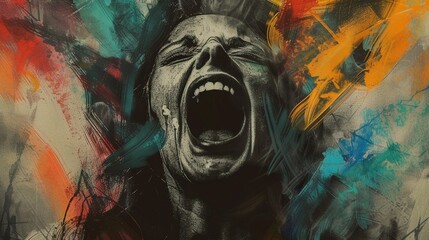 A haunting charcoal sketch of a woman screaming, her voice shattering the darkness around her, colorful blurred background powerpoint