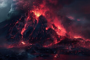 A volcanic eruption in EmotionScape style, with red and black emotive landscapes - obrazy, fototapety, plakaty
