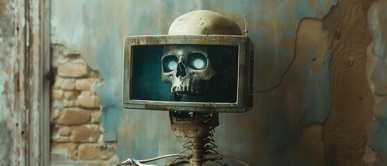A modern critique of consumption, a skeleton with a highdefinition monitor head, a single eye on the screen - obrazy, fototapety, plakaty