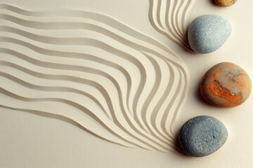 zen garden with raked sand and rocks minimalist photography - obrazy, fototapety, plakaty