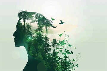 womans profile with green forest landscape earth day concept illustration
