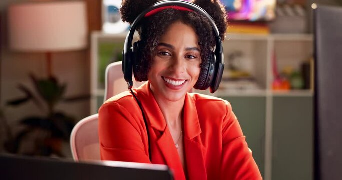 Gaming, video game and face of woman at night for entertainment, online games and development. Gamer, programming and portrait of person with headphones for virtual media, streaming and competition