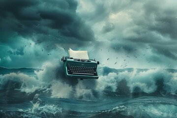 writers imagination typewriter flying over stormy sea creative process concept surreal digital art