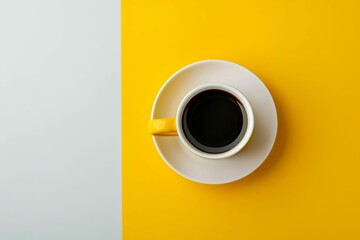 yellow and white coffee cup on bright background top view composition - obrazy, fototapety, plakaty
