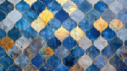 Abstract blue gold mosaic tile wall texture background illustration - Arabesque moroccan marrakech...