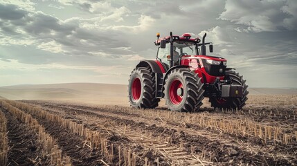 Powerful Tractor Plowing Fertile Farmland in Dramatic Countryside Landscape with Cloudy Sky - obrazy, fototapety, plakaty