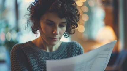 Woman with curly hair intently reading document indoors soft lighting
