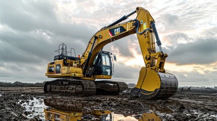 High Powered Hydraulic Excavator Performing Heavy Duty Construction Work on Muddy Terrain with Dramatic Cloudy Sky Backdrop