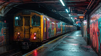 Moody and Atmospheric Underground Locomotive in Abandoned Subway Station with Vintage Charm