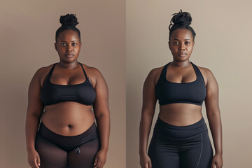 Before and after weight loss health exercise photos comparing a woman's progress