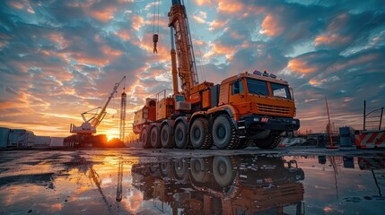 Powerful Mobile Crane Silhouetted Against Vibrant Sunset Backdrop with Dramatic Reflections on Wet Surface