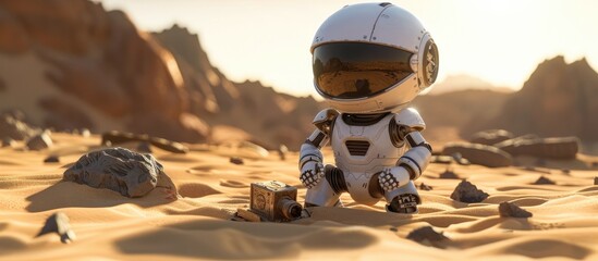 Robotic Adventurer Uncovers Ancient Artifact on Alien Desert Planet - obrazy, fototapety, plakaty