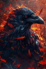 Fototapeta premium Gladiator crow, Fire Arrows, Duel for Dominance, Eerie Smile, Desolate Forest, Shadowy hour, Shudder, Ghostly, Closeup, Dark Vibrant Colors