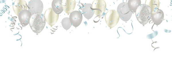 silver balloons, confetti and streamers on white background. Vector illustration Celebration template - obrazy, fototapety, plakaty