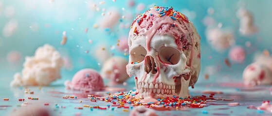 Illustrate a chillingly realistic ice cream with a skull structure, vanilla flavor dripping, amidst a sprinkle shower - obrazy, fototapety, plakaty