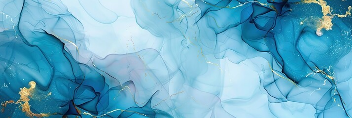 Abstract marbled ink liquid fluid watercolor painting texture banner illustration - Blue petals, blossom flower flowers swirls gold painted lines