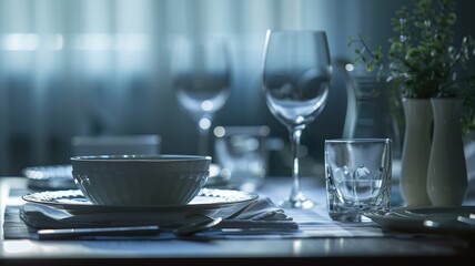 Elegant dinner setting with modern tableware in dim lighting - obrazy, fototapety, plakaty