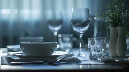 Fotobehang Elegant dinner setting with modern tableware in dim lighting © Татьяна Макарова