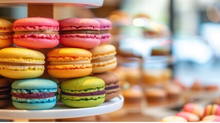 Colorful macarons on display in bakery