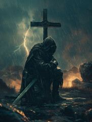 A christian warrior, crusader knight is kneeling in the rain with a sword and a cross behind him. Scene is dark and ominous