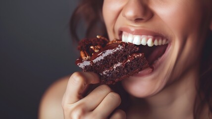 Close-up of woman enjoying slice chocolate cake