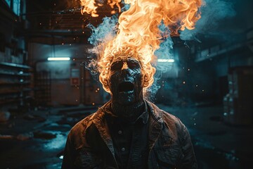 Mercenary Head on fire, Spirit Charm, Singer, Enfolds, Abandoned Mine, Predawn, supermarket, Menacing, Steadicam shot, Dark Vibrant Colors