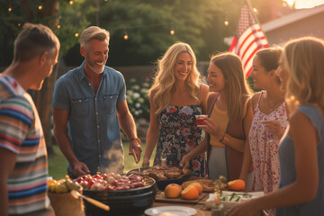 Family and friends enjoy a backyard summer barbecue grill cookout dinner party - Powered by Adobe