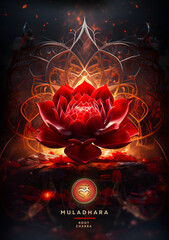 Root chakra (muladhara) symbol / deep red lotus flower. Peaceful decor for meditation and chakra energy healing.