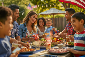 Hispanic family and friends enjoy a backyard summer barbecue grill cookout dinner party on 4th of July