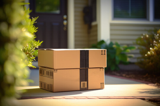 Online shopping package delivery on the front doorstep of a residential home