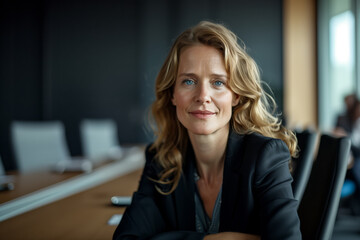 Confident businesswoman in a suit poses for a portrait in a corporate office boardroom