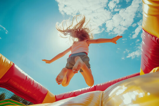 Happy children play and laugh on a bouncy castle in the summer