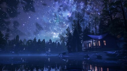 Get lost in the enchanting beauty of a starry sky in the midst of a remote forest far from the hustle and bustle of city life. 2d flat cartoon.