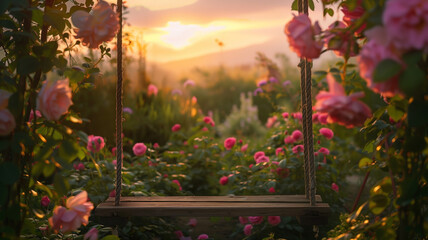 Garden Swing at Sunset Amongst Blooming Roses