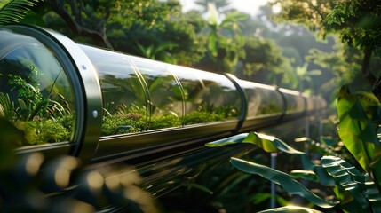 Blurred image of a hyperloop station surrounded by lush greenery highlighting the environmentallyfriendly aspects of this revolutionary concept. .