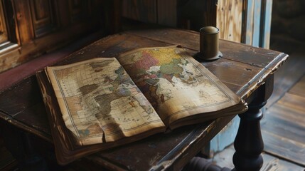 In the corner of the room a wooden side table is adorned with an oldfashioned atlas od to a page showing a detailed map of Europe. The yellowing pages and frayed edges add to its vintage . - obrazy, fototapety, plakaty