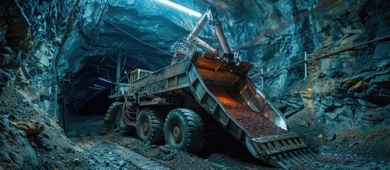 Mechanical Scoop Tram Collecting Ore from Underground Tunnel Walls During Mining - obrazy, fototapety, plakaty