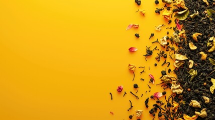 Assortment of loose leaf tea and flower petals spread on vibrant yellow background