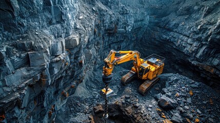 A jumbo drill bores deep into the earth s rocky underground driving a powerful motor to extract valuable resources from the solid terrain below - obrazy, fototapety, plakaty