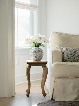 White peony in a blue vase