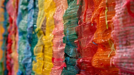 Closeup of a woven tapestry made entirely out of recycled plastic bags showcasing the creativity and resourcefulness of community members in finding new uses for everyday waste materials. . - obrazy, fototapety, plakaty