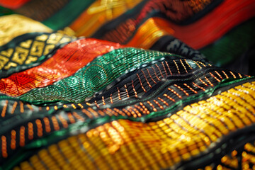 Colorful African Ghanaian textiles and fabrics. Geometric patterns of Kente cloth, a symbol of Ghanaian heritage