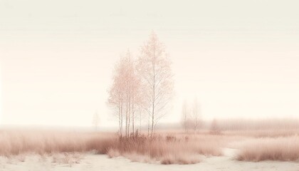 Tranquil stylized illustration of a spring landscape, featuring blooming trees and gentle hills under a serene sky.