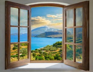 Open window with a view to a beautiful Greek scenery