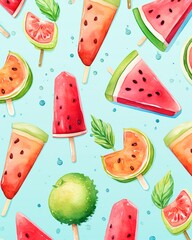 Refreshing pattern, artisanal watercolor ice creams and fruit pops, vibrant on soft background ,  high resolution