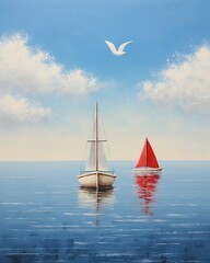 Handpainted sailboat, red trim, seagull lookout, love heart on canvas, tranquil seascape toy ,  high resolution